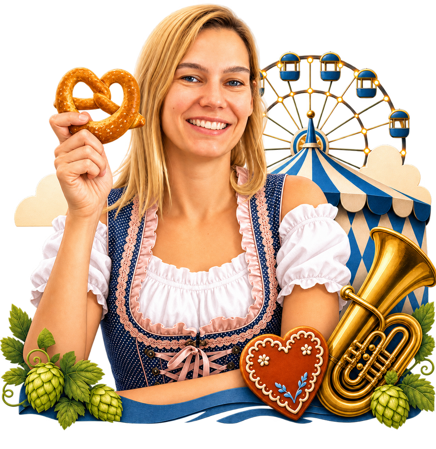 Steffi holding a pretzel in front of an illustrated Oktoberfest scene